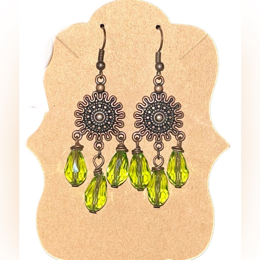 Boho Bronze Aztec Sun & Green Beads Chandelier Earrings